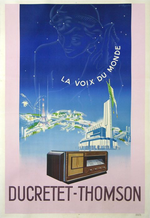 En vente :  POSTE RADIO DUCRETET THOMSON LA VOIX DU MONDE - AFFICHE ANCIENNE