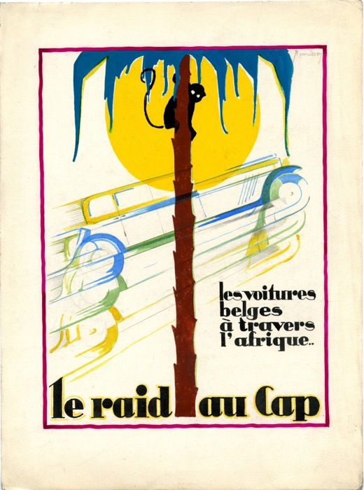 En vente :  DESSIN ORINAL GOUACHE RAID AU CAP LES VOITURES BELGES A TRAVERS L'AFRIQUE