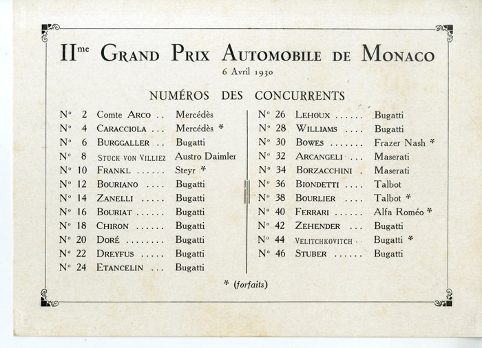 En vente :  1930 GRAND PRIX MONACO-LISTE DES PARTICIPANTS AU IIe GRAND PRIX
