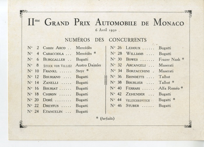 En vente :  1930 GRAND PRIX MONACO-LISTE DES PARTICIPANTS DU IIe GRAND PRIX  DE MONACO