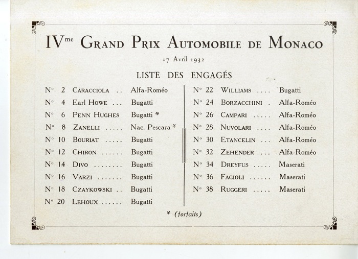 En vente :  1932 GRAND PRIX MONACO-LISTE DES ENGAGÉS DU IVe GRAND PRIX
