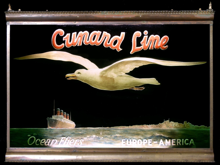 En vente :  ENSEIGNE PUBLICITAIRE CUNARD LINE OCEAN FLIERS EUROPE-AMERICA CUIVRE  ET VERRE