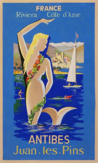 En vente :  FRANCE RIVIERA COTE D'AZUR - ANTIBES JUANS LES PINS - Gouache painting