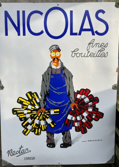 En vente :  NICOLAS FINES BOUTEILLES PLAQUE ÉMAILLÉE DRANSY NECTAR Livreur
