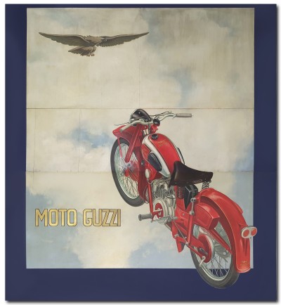 En vente :  MOTO GUZZI  PANNEAU PUBLICITAIRE HUILE SUR PANNEAU PROJET ORIGINAL