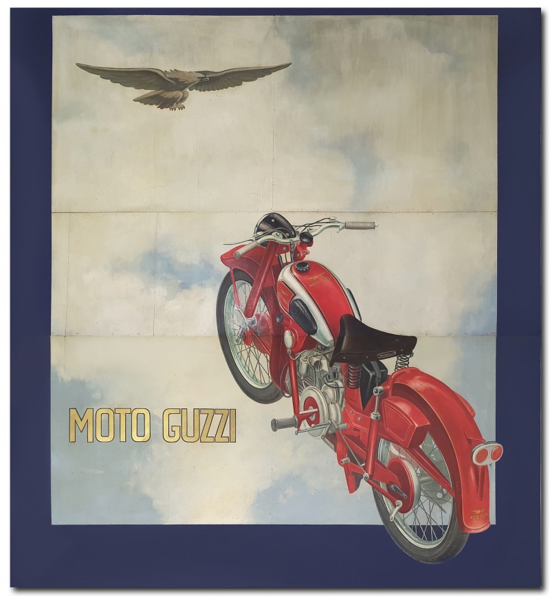 En vente :  MOTO GUZZI  PANNEAU PUBLICITAIRE HUILE SUR PANNEAU PROJET ORIGINAL