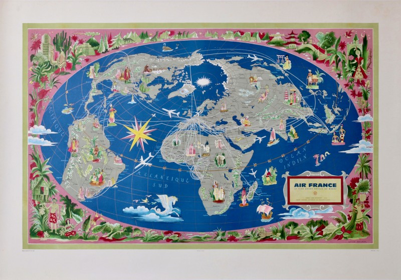 En vente :  AIR FRANCE  PLANISPHERE ROSE LE PLUS GRAND RESEAU DU MONDE