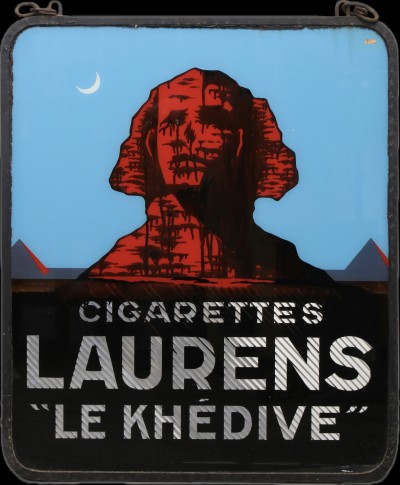 En vente :  GRANDE ENSEIGNE EN VERRE DOUBLE FACE CIGARETTES LAURENS LE KHEDIVE ET TABAC NOIR NERA