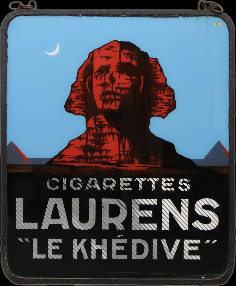 En vente :  GRANDE ENSEIGNE EN VERRE DOUBLE FACE CIGARETTES LAURENS LE KHEDIVE ET TABAC NOIR NERA