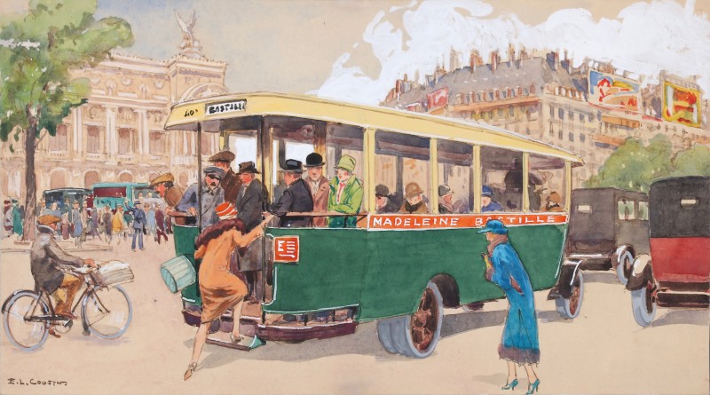 En vente :  GOUACHE AUTOBUS PARISIEN LIGNE BASTILLE MADELEINE