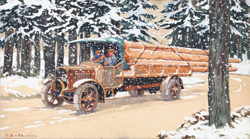 En vente :  GOUACHE VÉHICULE INDUSTRIEL TYPE CAMION PLATEAU RIDELLE TRANSPORT DE BOIS - SOUS LA NEIGE