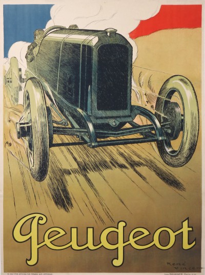 En vente :  BELLE AFFICHE VOITURE DE COURSE 1912 PEUGEOT // DRAPEAU BLEU BLANC ROUGE