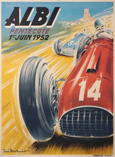 En vente :  AFFICHE VINTAGE ALBI COURSE AUTOMOBILE // PENTECOTE 1ER JUIN 1952
