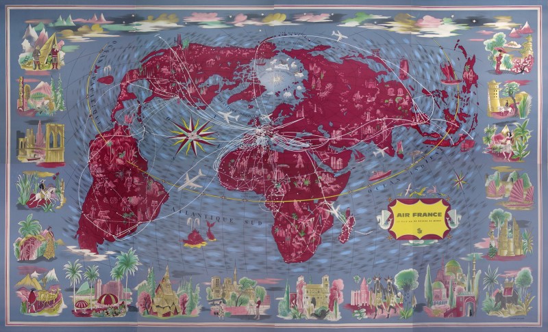 En vente :  AIR FRANCE PLANISPHERE GRAND MODELE QUATRE PANNEAUX