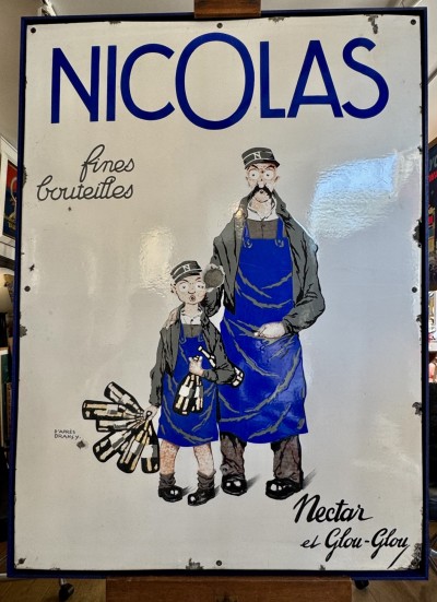 En vente :  NICOLAS FINES BOUTEILLES   NECTAR ET GLOUGLOU GRANDE PLAQUE EMAILLÉE