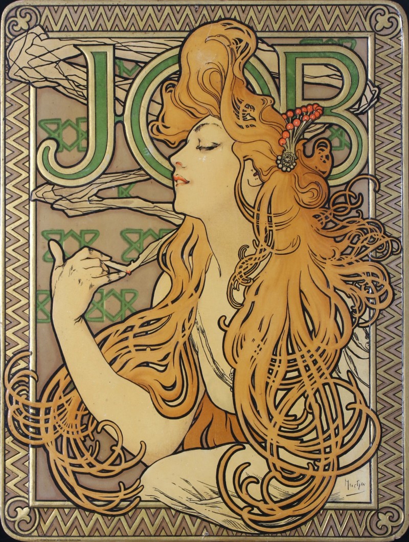 En vente :  ALFONS MUCHA – JOB Papier à Cigarettes – RARE carton publicitaire lithographié en relief, version espagnole, 1896