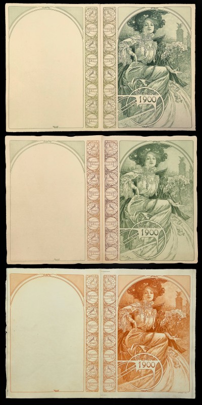 En vente :  MUCHA RARE ENSEMBLE 3 ÉPREUVES D'ESSAI DE PROGRAMMES POUR LE BANQUET OFFICIEL DE L'EXPOSITION UNIVERSELLE DE PARIS 1900