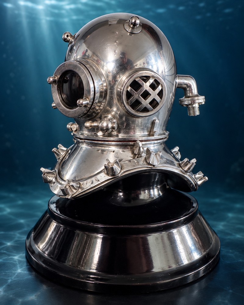 En vente :  CASQUE DE SCAPHANDRIER MINIATURE – ARCHIMEDE ROMA – BRONZE NICKELÉ – SAÏGON, 1953