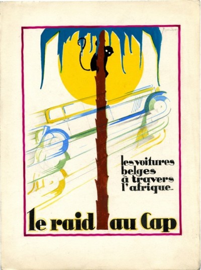 En vente :  DESSIN ORINAL GOUACHE RAID AU CAP LES VOITURES BELGES A TRAVERS L'AFRIQUE