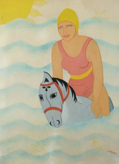 En vente :  IDYLLE À LA PLAGE  VERSION 1 PROJET  ORIGINAL D'AFFICHE- LA FEMME BOUÉE CHEVAL-